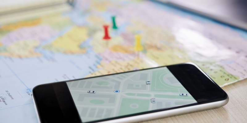 Closeup of smartphone with GPS application